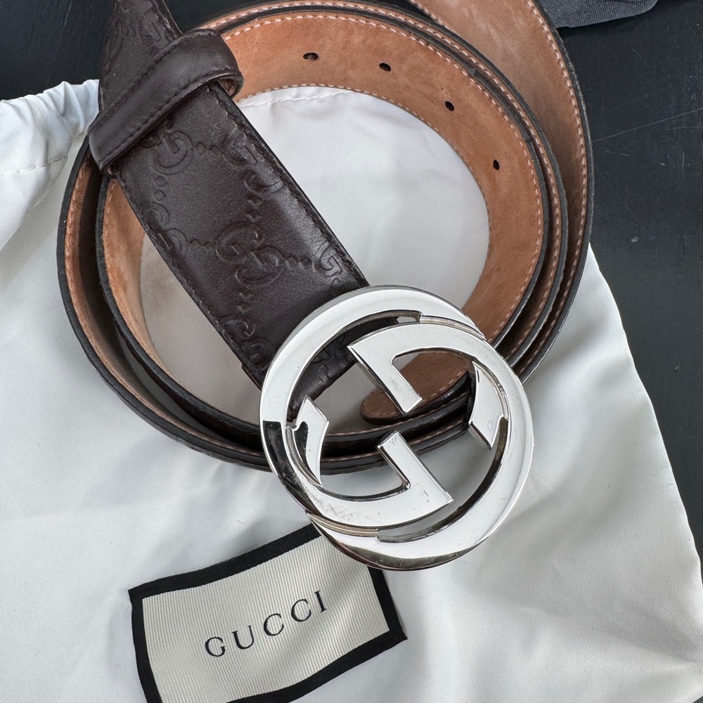 Gucci Brown Leather Belt with Silver GG Buckle